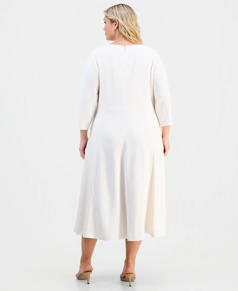 Anne Klein Plus Asymmetric-Neck 3/4-Sleeve Midi Dress