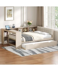 Streamdale Furniture Wood Full Platform Bed w/Storage, Trundle, Charging Station, Upholstered Headboard