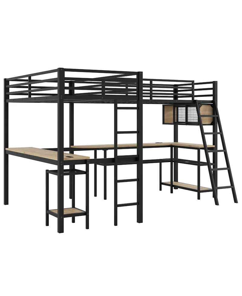 Streamdale Furniture Metal L-Shaped Loft Bed with Led, Storage, 2 Desks & Charging Stations