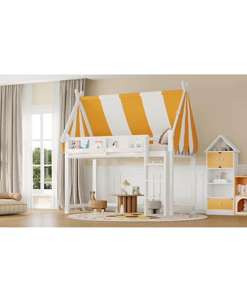 Streamdale Furniture Twin Loft Bed with Canopy, Led Lights & Book Shelf