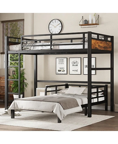 Streamdale Furniture Twin Xl over Twin Xl Metal Bunk Bed/Loft Bed with Fence, Vintage Wood-Colored