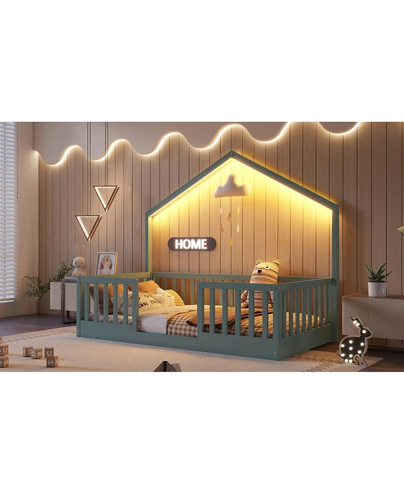 Streamdale Furniture Twin Floor Bed with High Rails, Montessori Wooden Bed with Light, Gray