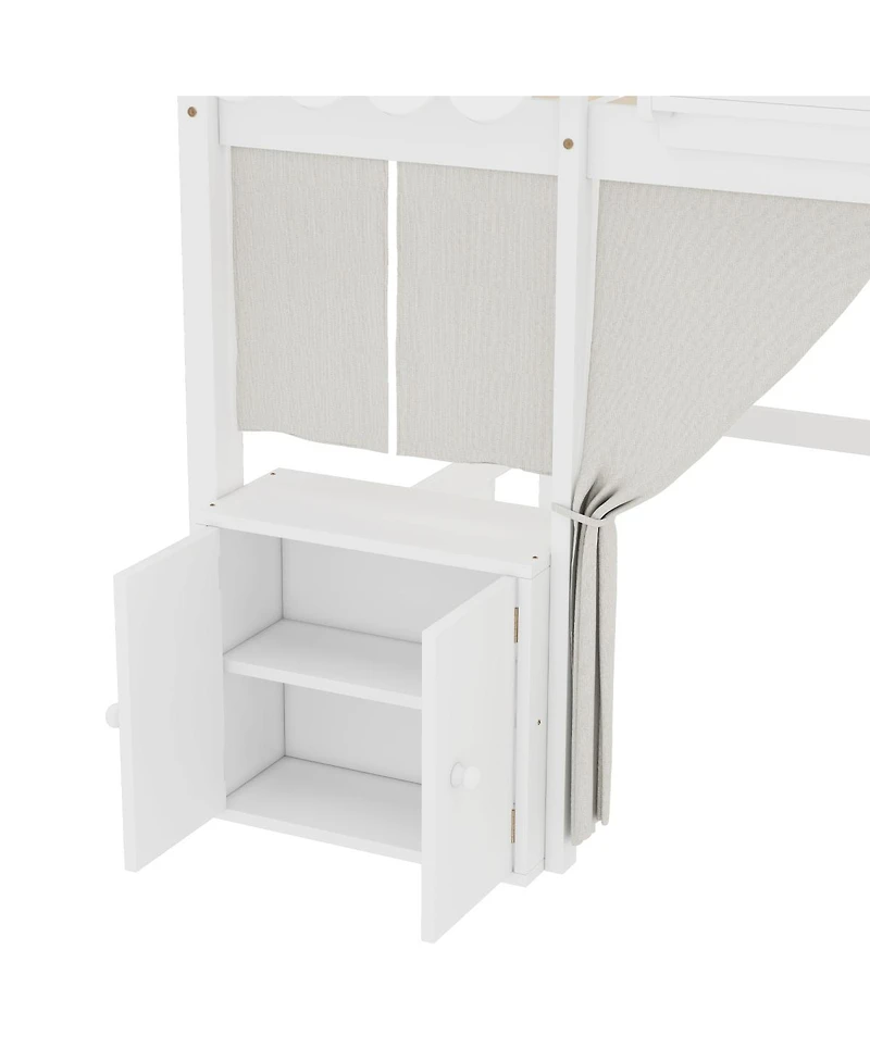 Streamdale Furniture Full Loft Bed with Bookshelf, Curtain, Storage Shelf, Playful Design, White
