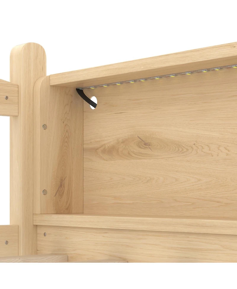 Streamdale Furniture Twin Xl Loft Bed with Storage Shelves, Led Lights, Guardrails, Natural