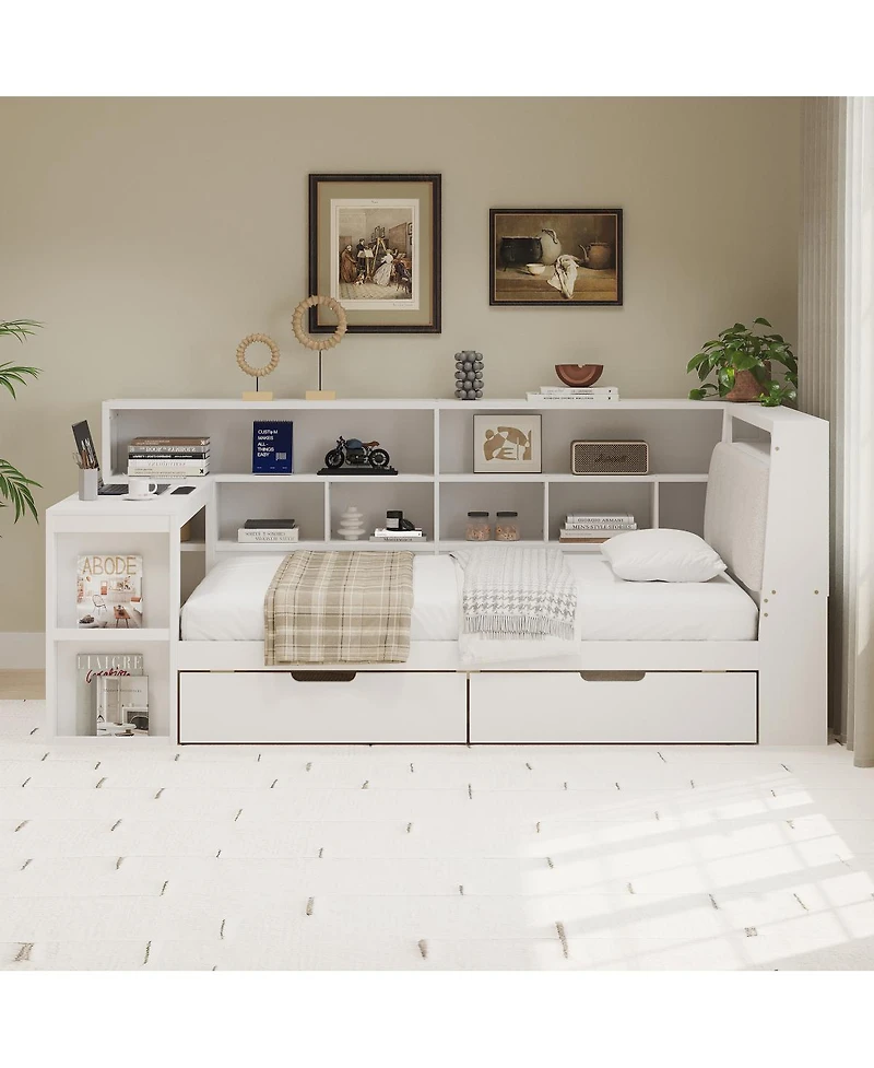 Streamdale Furniture Twin L-shaped Wooden Daybed with Desk & Storage Bookcase, White