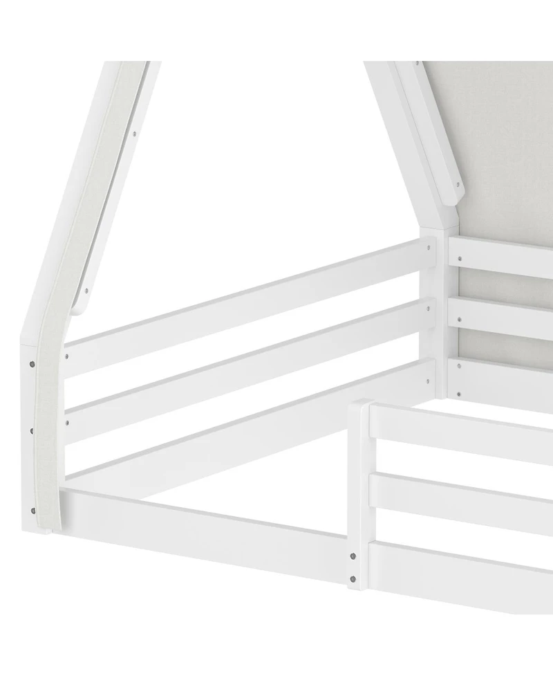 Streamdale Furniture Full Size House Floor Bed with Tent and Light, Solid Wood Teepee Design