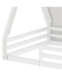 Streamdale Furniture Full Size House Floor Bed with Tent and Light, Solid Wood Teepee Design