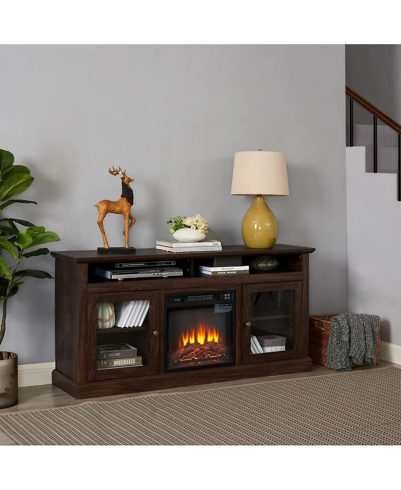 Streamdale Furniture Contemporary Media Stand with 18" Fireplace Insert, Brown, 60"W