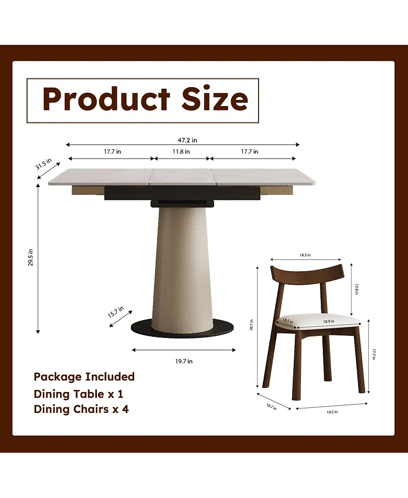 Streamdale Retractable Rock Slab Dining Table Set, 5-Piece Expandable Table with 4 Chairs