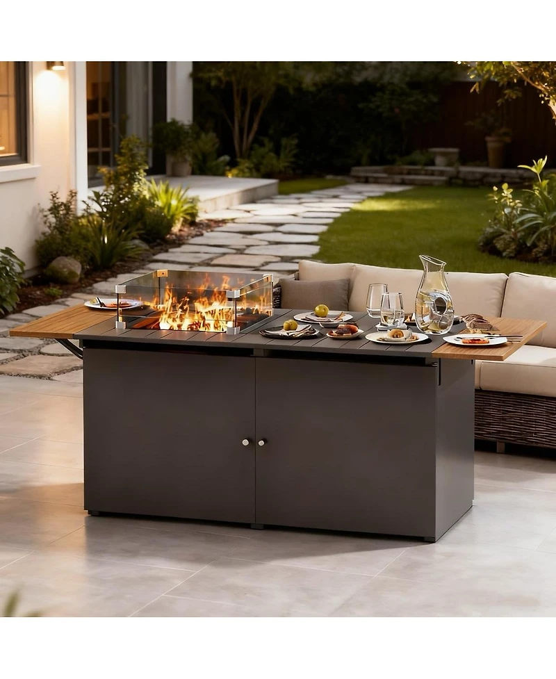 Decksplore Propane Fire Pit Table 64 Inch with Lid, 55, 000 Btu Gas Fire Pits for Outside Patio with Glass Wind Guard, Gray Glass Beads