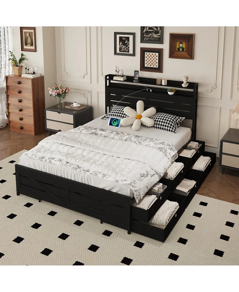 Streamdale Furniture Full-size bed frame with storage headboard, 12 drawers, Led lights