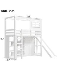 Streamdale Furniture Wood Twin Size Loft Bed with Wardrobe, Storage Shelves, Slide and Led