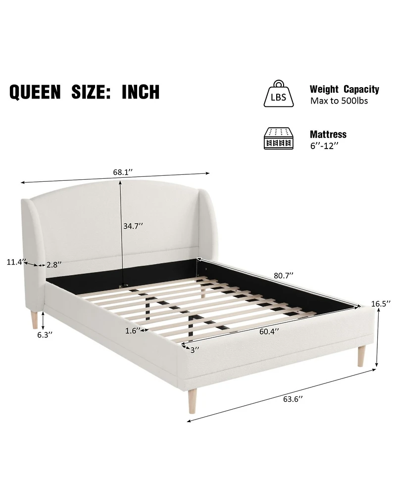 Streamdale Furniture Queen Upholstered Platform Bed, Boucle Fabric, Wingback Headboard