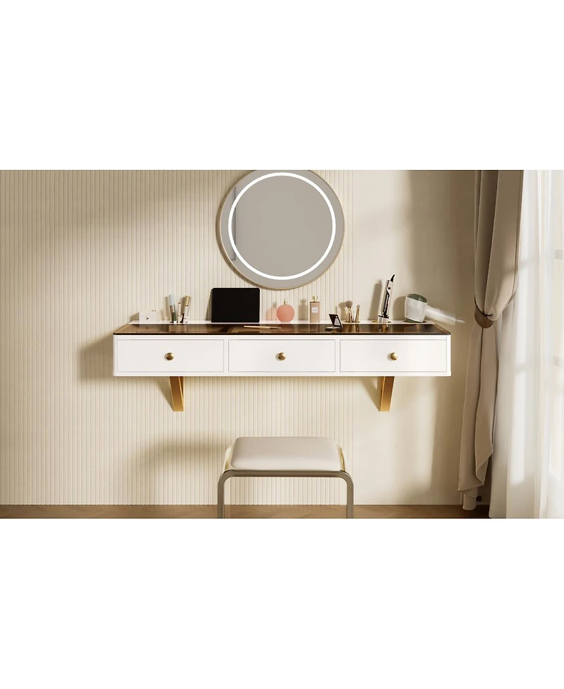 Streamdale 47" Floating Shelf with Drawer, Multi-Purpose Wall-Mounted Vanity Table, White/Golden