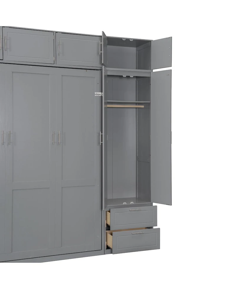 Streamdale Furniture Queen Size Wall Murphy Bed with Cabinet, Shelves & Wardrobe, Gray