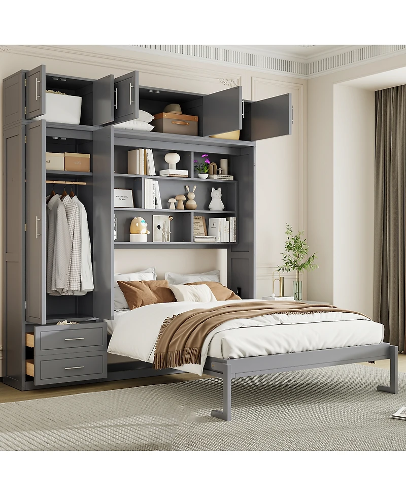 Streamdale Furniture Queen Size Wall Murphy Bed with Cabinet, Shelves & Wardrobe, Gray