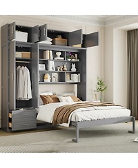 Streamdale Furniture Queen Size Wall Murphy Bed with Cabinet, Shelves & Wardrobe, Gray