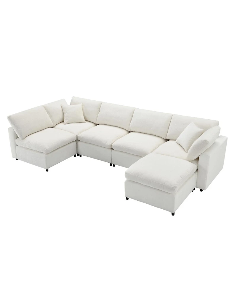 Streamdale Furniture 130" Modular Cloud Sofa Bed, 6-Seat Chenille Sectional Couch with Ottoman & Ottoman