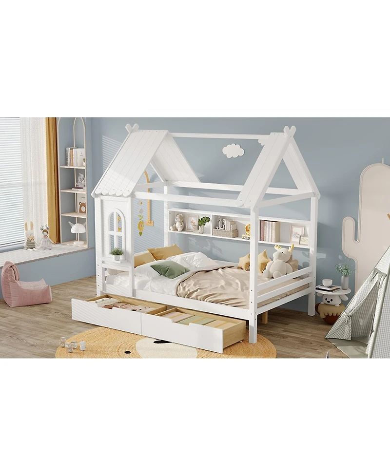 Streamdale Furniture Full House Beds with Storage Drawers and Window, Solid Wood House Platform Bed Frame, White