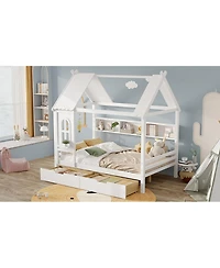 Streamdale Furniture Full House Beds with Storage Drawers and Window, Solid Wood House Platform Bed Frame, White