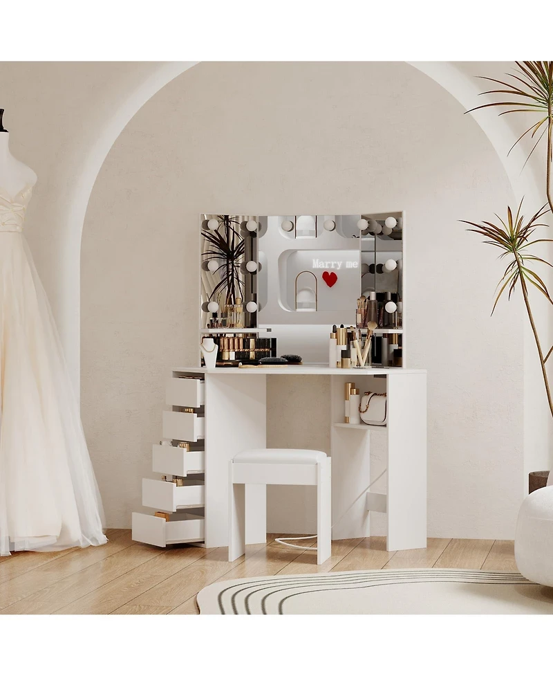 gaomon Corner Vanity and Stool, Desk with Mirror Lights, Makeup Power Outlet