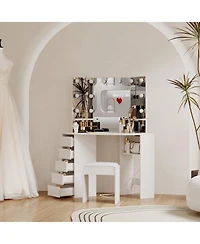 gaomon Corner Vanity and Stool, Desk with Mirror Lights, Makeup Power Outlet