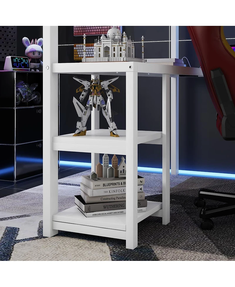 Streamdale Furniture Metal Queen Loft Bed with Wardrobe, Led Light & L-Shaped Desk