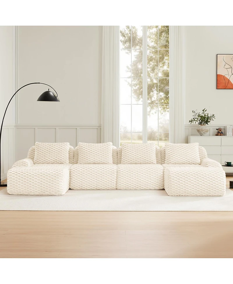 Streamdale Furniture 146" U-Shaped Modular Sectional Sofa, Flannelette Fabric, Cream