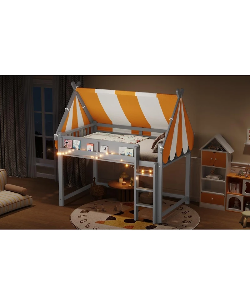 Streamdale Furniture Full Loft Bed with Canopy, Led Lights & Book Shelf