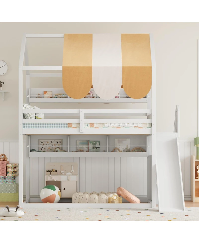 Streamdale Furniture Full house Bed with Canopy, Slide & Built-In Bookshelves