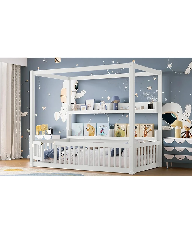 Streamdale Furniture Twin Size Solid Wood Canopy Floor Bed with Guardrails & Shelves - White