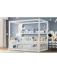 Streamdale Furniture Twin Size Solid Wood Canopy Floor Bed with Guardrails & Shelves - White