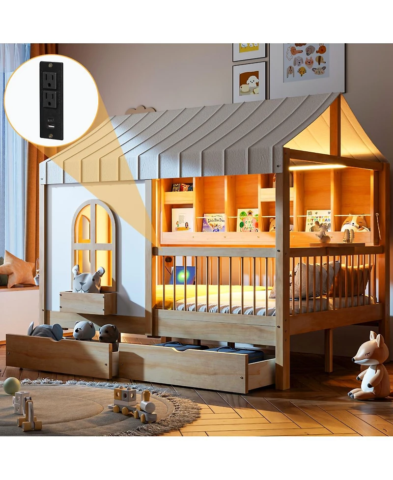 Streamdale Furniture Full Size House Bed with 2 Large Drawers, Side Bookshelf with Led Strip, Natural