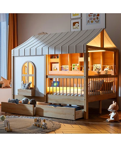 Streamdale Furniture Full Size House Bed with 2 Large Drawers, Side Bookshelf with Led Strip, Natural