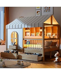 Streamdale Furniture Full Size House Bed with 2 Large Drawers, Side Bookshelf with Led Strip, Natural