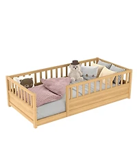Streamdale Furniture Twin Size Montessori Floor Bed with High Security Barrier and Door, Natural