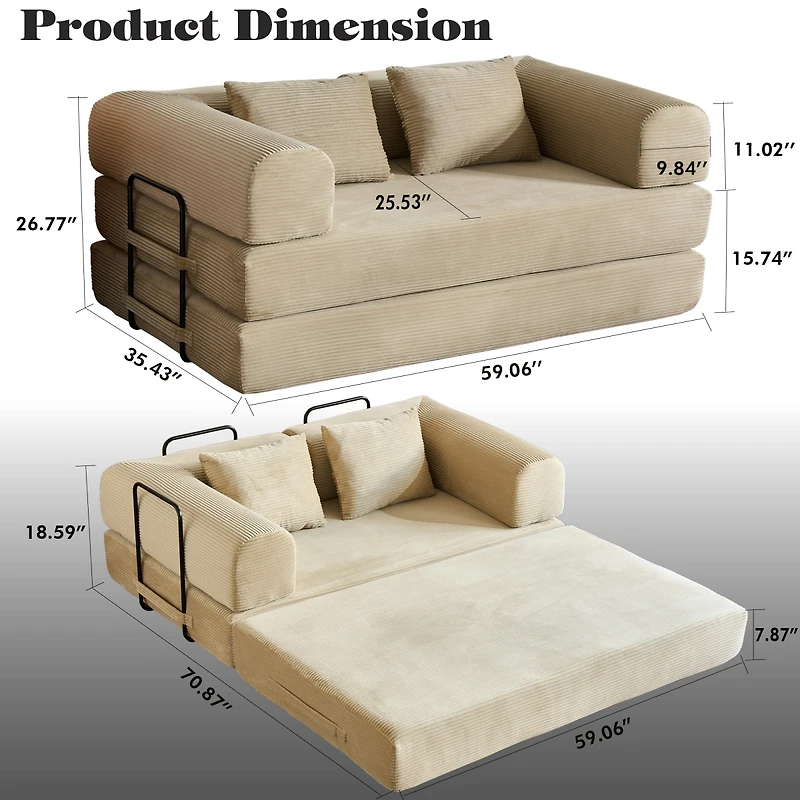 Streamdale Furniture 59" Corduroy Convertible Sleeper Sofa Bed with Pillow