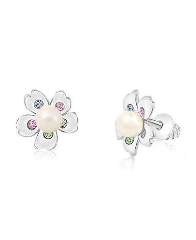Chanteur Girls /Girl/Flower White Pearl Crystal White Gold Palladium Plating Screwstud Earring