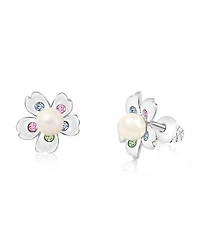 Chanteur Girls /Girl/Flower White Pearl Crystal White Gold Palladium Plating Screwstud Earring