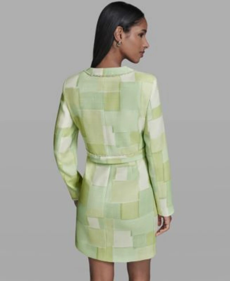 Karl Lagerfeld Paris Womens Printed Square Neck Tweed Sheath Dress Printed Open Front Jacket Dress