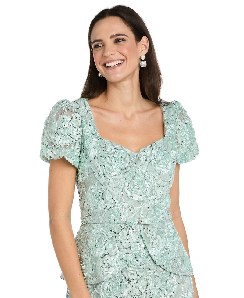 R & M Richards Women's Puff Sleeve Peplum Ball Gown