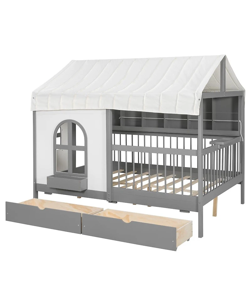 Streamdale Furniture Full Size House Bed with 2 Large Drawers, Side Bookshelf with Led Strip