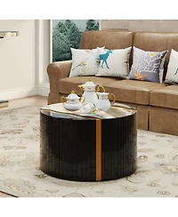 Streamdale Furniture Black gold round mirror coffee table with marble pattern sticker side table
