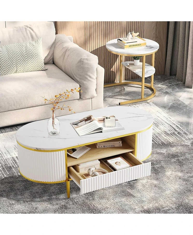 gaomon Modern Fluted Coffee Table, 48" Modern Oval Coffee Table with Drawer, Faux Marble Top, Curved Profile Center Table with Storage