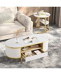 gaomon Modern Fluted Coffee Table, 48" Modern Oval Coffee Table with Drawer, Faux Marble Top, Curved Profile Center Table with Storage