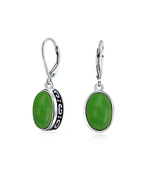 Bling Jewelry 3.2CT Bezel Simulated Jade Green Quartz Oval Dangle Earrings .925 Sterling Silver Set Lever-back