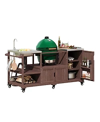 Streamdale Furniture Outdoor Kitchen Island with Sink, Solid Wood Grill Cart for Xl Green Egg, Rolling Bar Cart, Brown