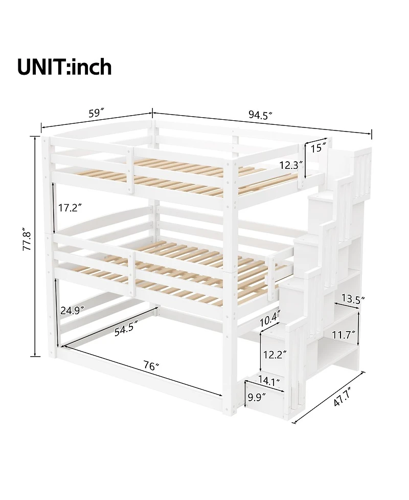 Streamdale Furniture Full Size Triple Bunk Bed with Storage Staircase, Separate Design