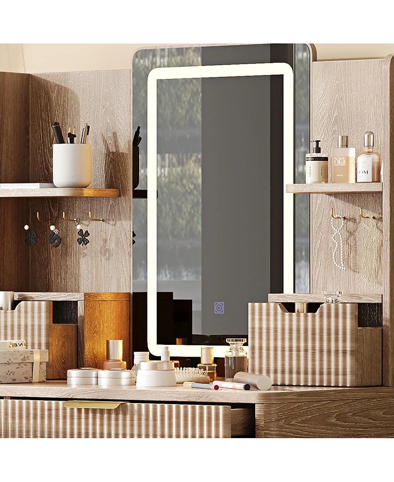 Streamdale Furniture 7-Drawer Vanity Desk with Led Mirror & Carved Details, Makeup Table with Stool