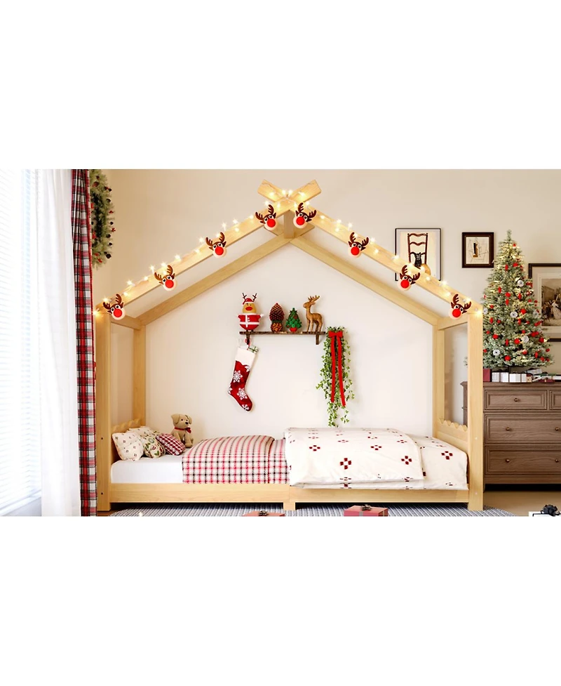 Streamdale Furniture Twin House Floor Bed with Slats, Solid Wood House Bed Frame for Kids